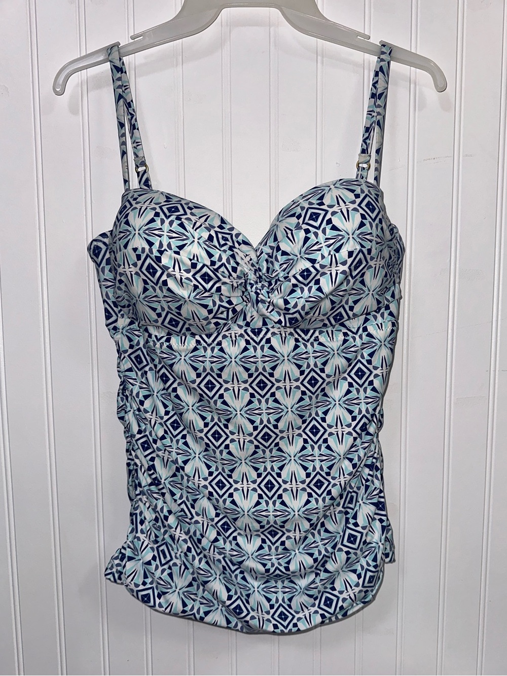 Helen Jon Women’s Ruched Geometric Tankini Top Swimsuit Blue & White Coastal